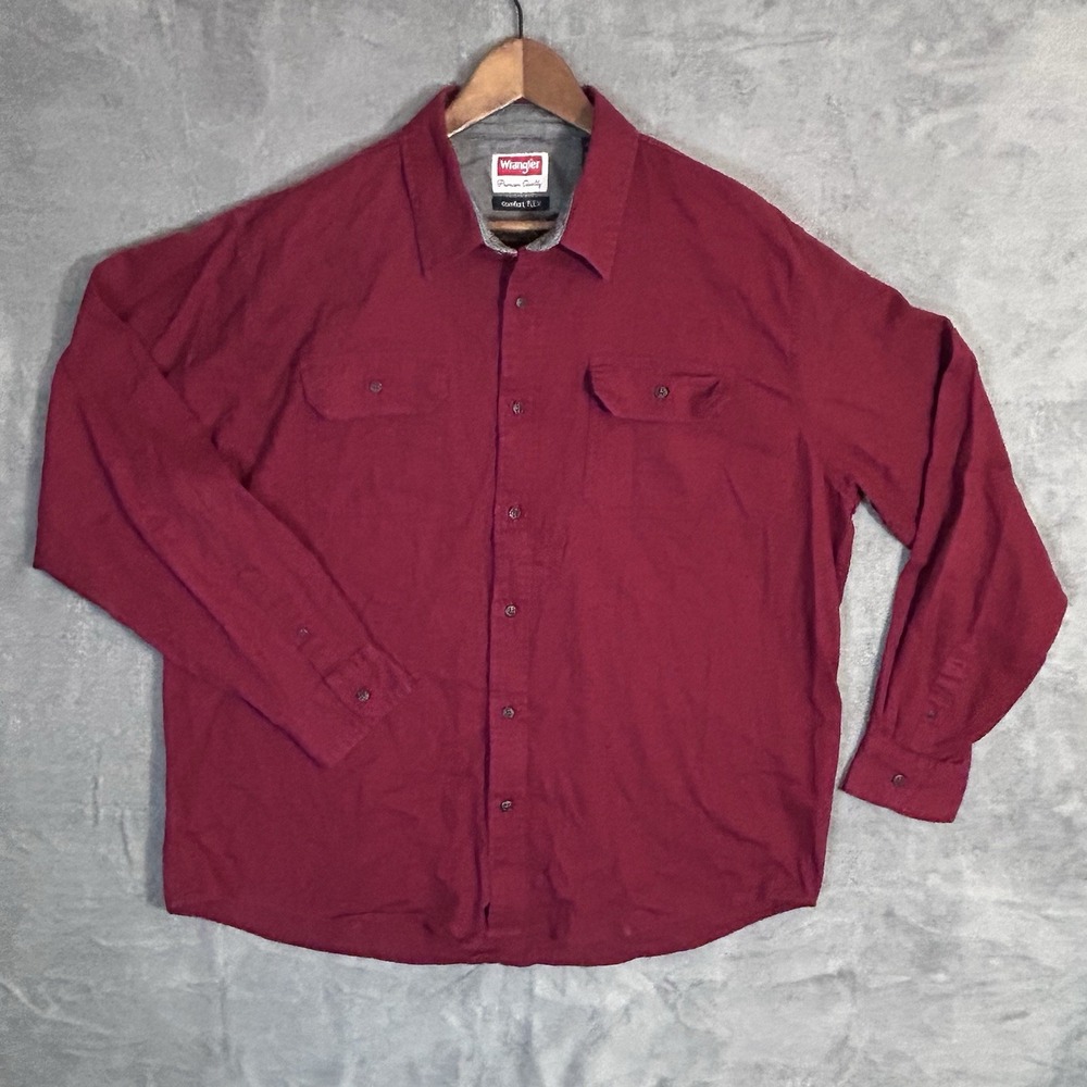 Wrangler Comfort Flex Red Maroon Long‎ Sleeve Flannel Shirt XL Men
